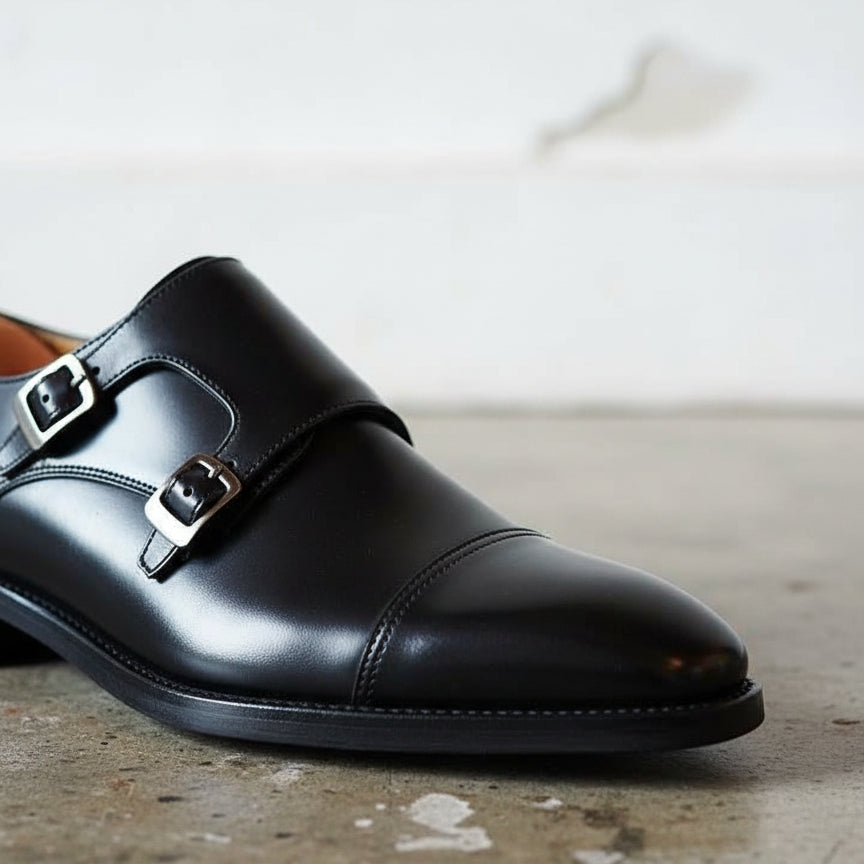 Handmade Men double buckle dress shoes, Men black monk shoes, Shoes for men - detail-view-showing-texture