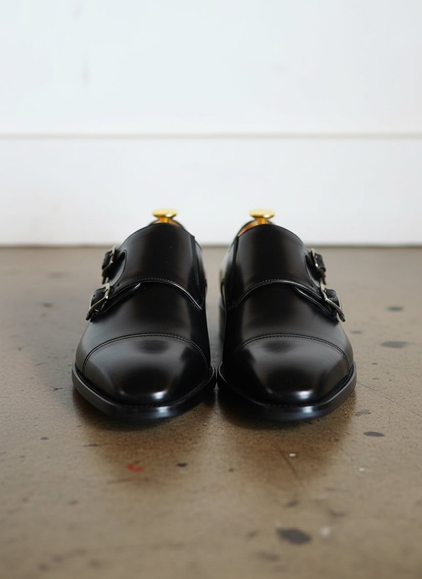 Handmade Men double buckle dress shoes, Men black monk shoes, Shoes for men - front-view