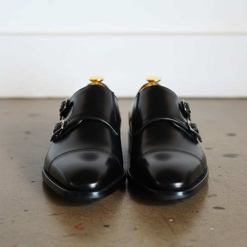 Handmade Men double buckle dress shoes, Men black monk shoes, Shoes for men - front-view