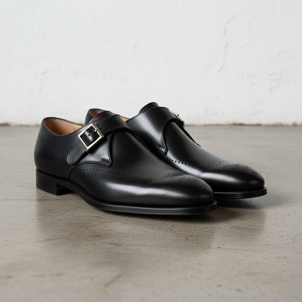 Handmade Men Formal Leather Shoes, Black Monk Shoes, Dress Shoes - angle-view-showing-depth