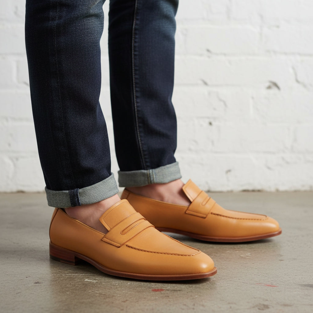 Handmade Men Formal Shoes - Tan Color Leather Moccasins Shoes Loafer