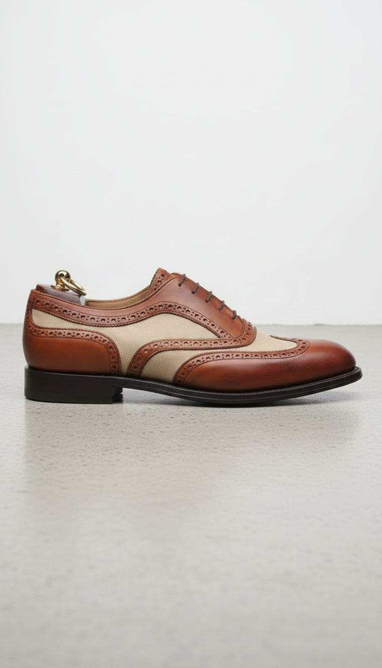 Handmade Men Formal Two Tone Wing Tip Shoes Brown and Beige Dress Shoes