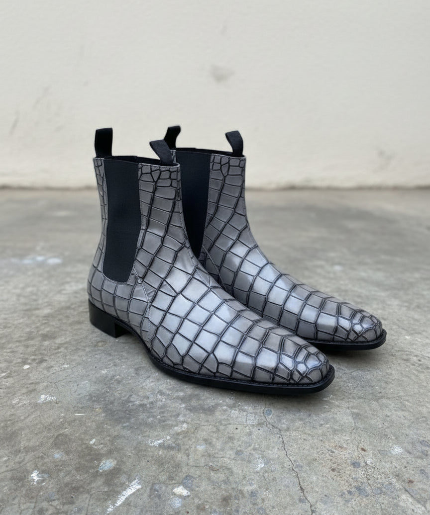 Handmade Men Gray crocodile boots, Men alligators boot, Men Chelsea boots - angle-view-showing-depth