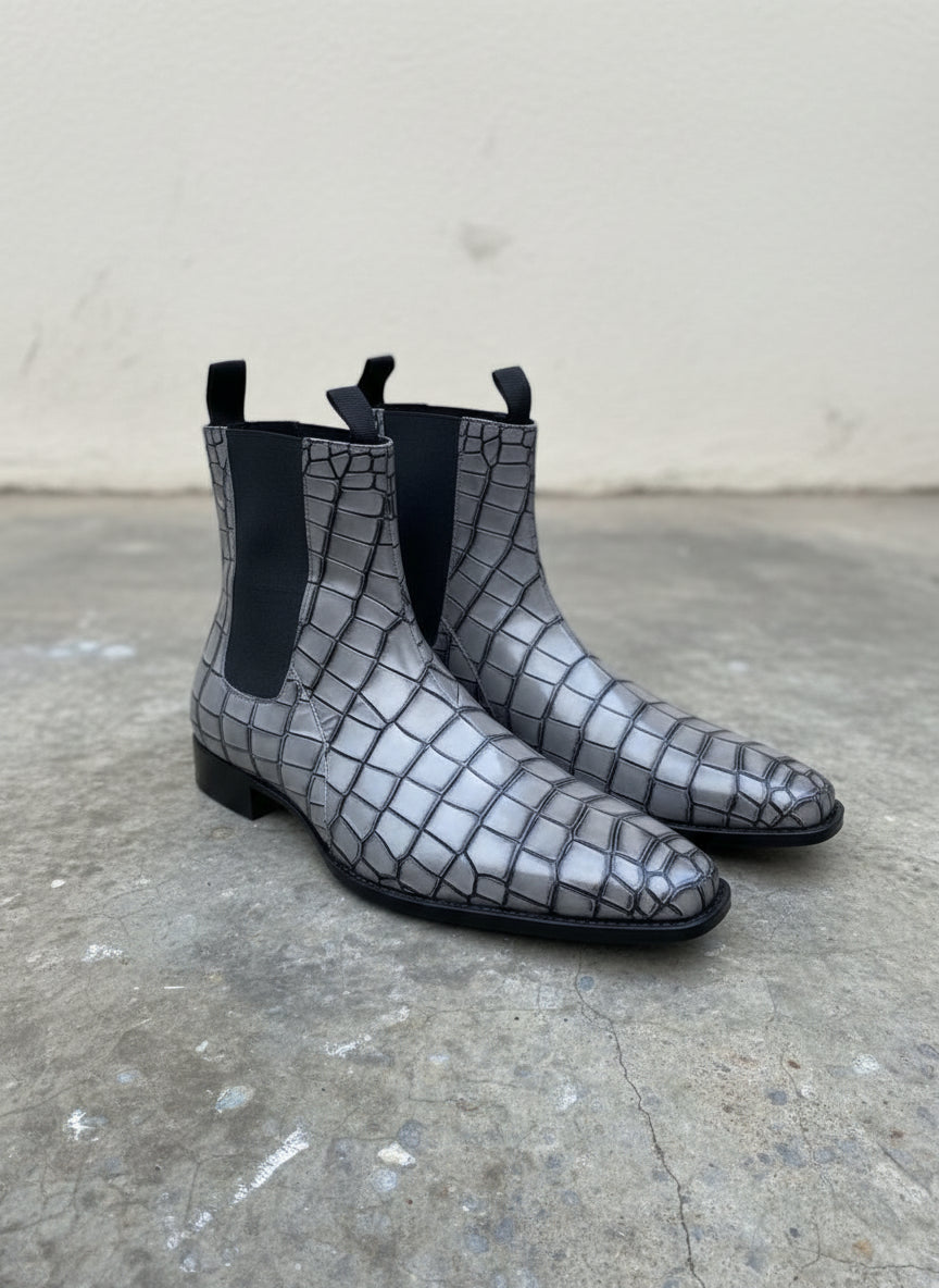 Handmade Men Gray crocodile boots, Men alligators boot, Men Chelsea boots - angle-view-showing-depth