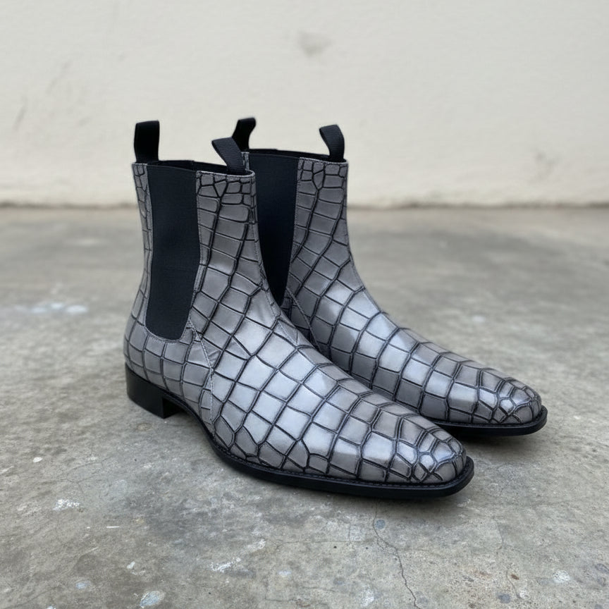 Handmade Men Gray crocodile boots, Men alligators boot, Men Chelsea boots - angle-view-showing-depth