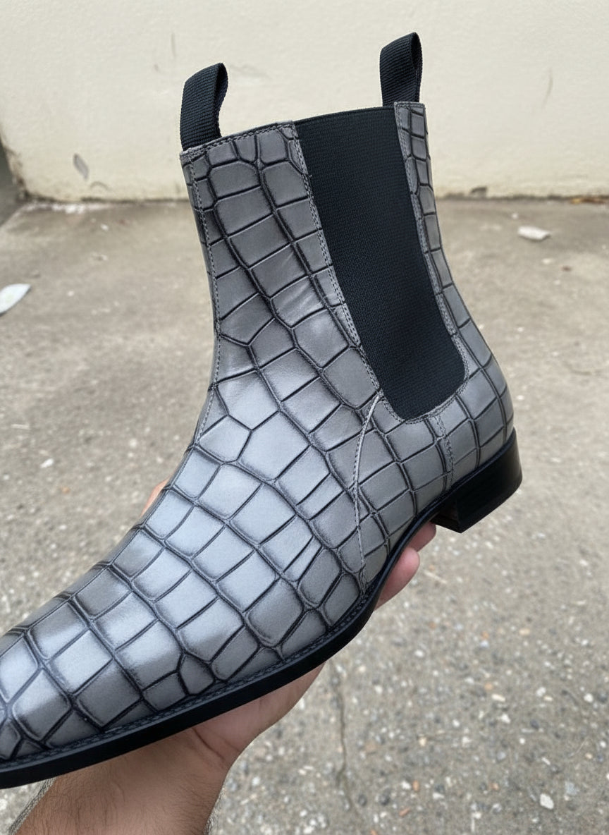 Handmade Men Gray crocodile boots, Men alligators boot, Men Chelsea boots - detail-view-showing-texture
