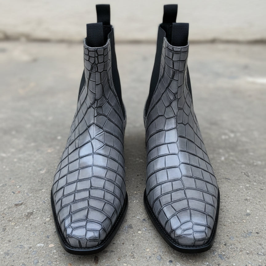 Handmade Men Gray crocodile boots, Men alligators boot, Men Chelsea boots - front-view