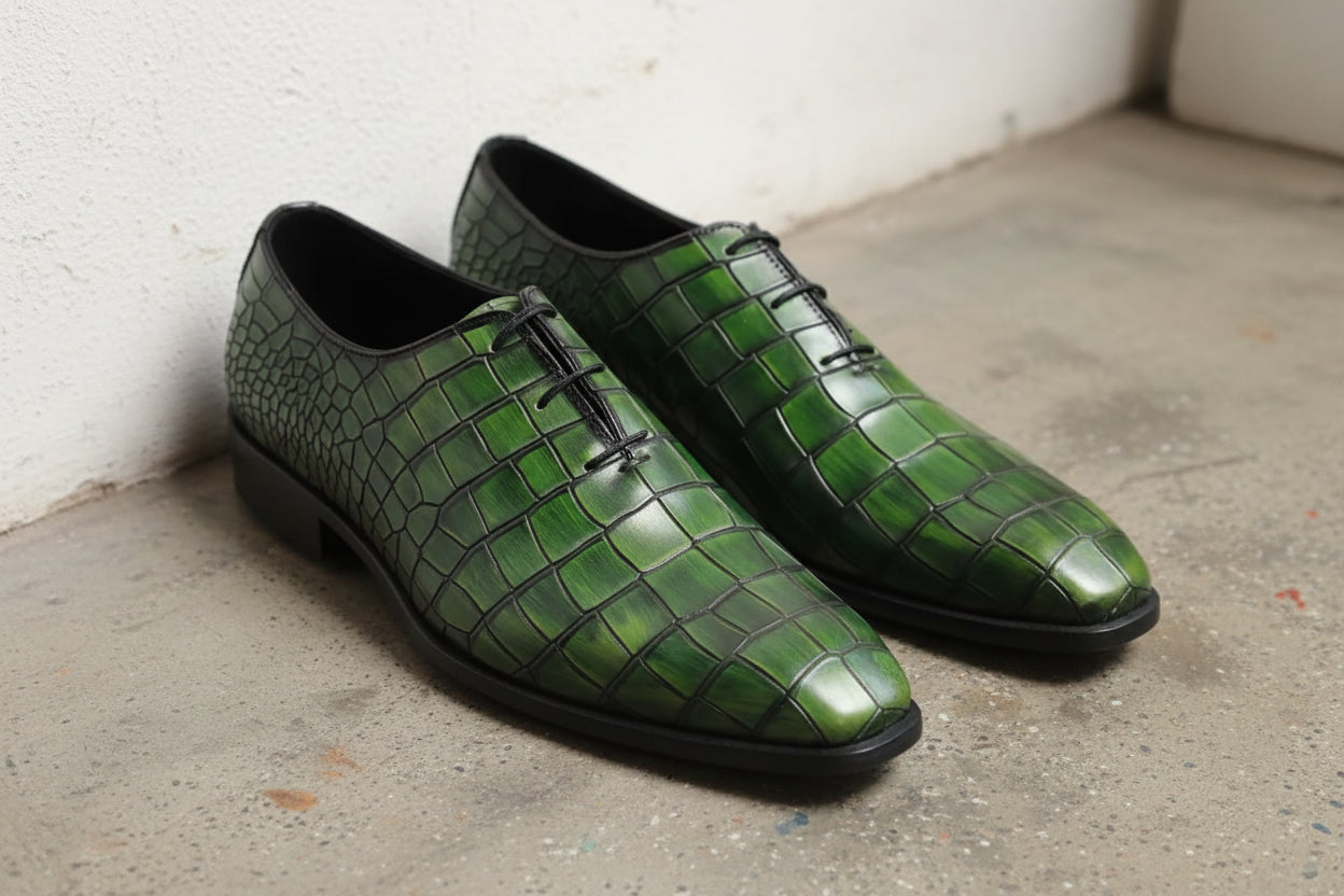 Handmade Men green crocodile shoes, Men Alligators shoes, Men dress shoes - angle-view-showing-depth