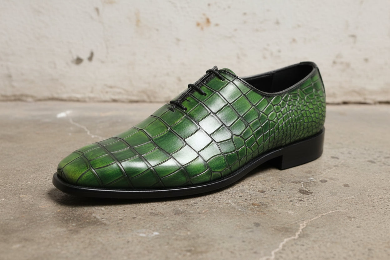 Handmade Men green crocodile shoes, Men Alligators shoes, Men dress shoes - detail-view-showing-texture