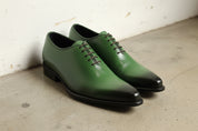 Handmade Men green leather dress shoes, Men pointed toe lace up shoes - angle-view-showing-depth