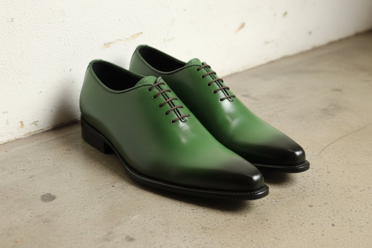 Handmade Men green leather dress shoes, Men pointed toe lace up shoes - angle-view-showing-depth