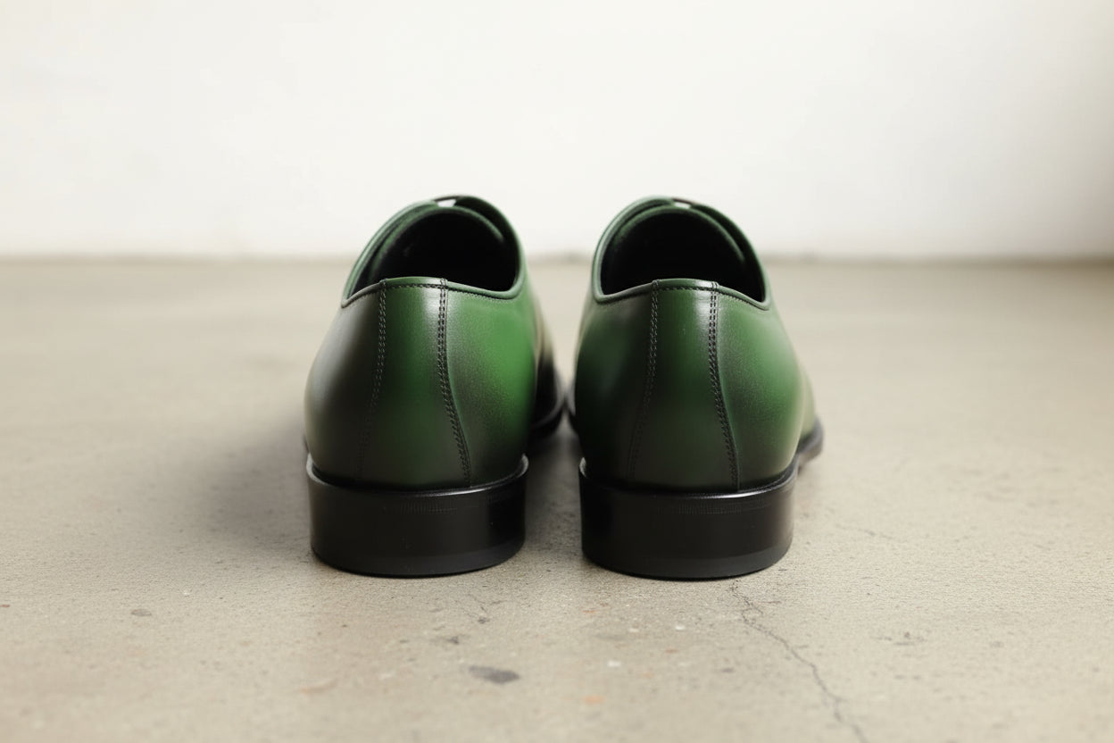 Handmade Men green leather dress shoes, Men pointed toe lace up shoes - back-view