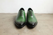 Handmade Men green leather dress shoes, Men pointed toe lace up shoes - front-view