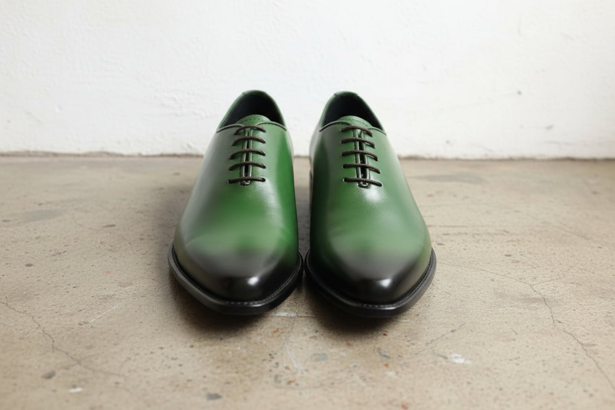 Handmade Men green leather dress shoes, Men pointed toe lace up shoes - front-view