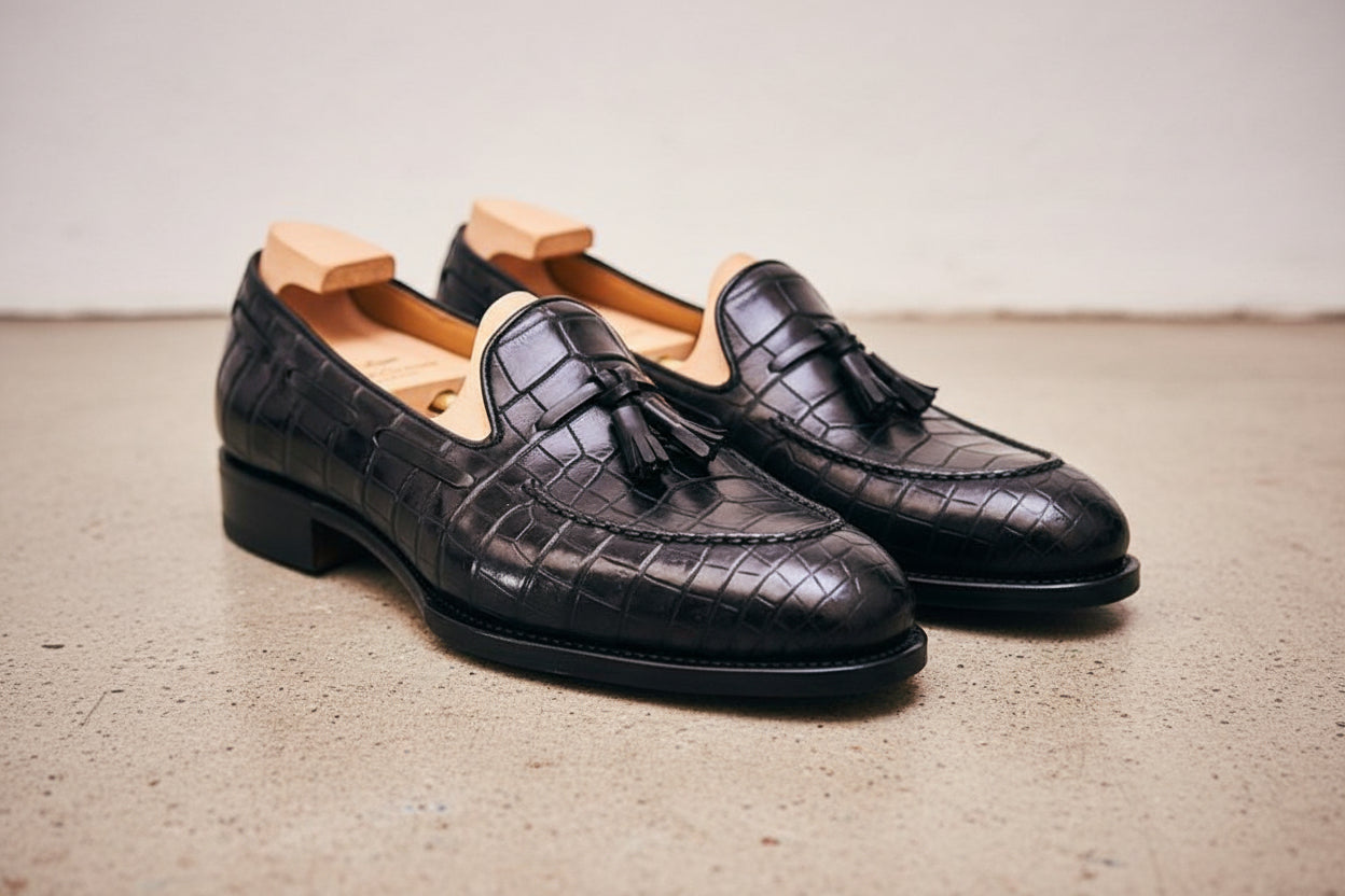 Handmade Men leather Tassels shoes moccasins, crocodile patterned shoes - angle-view-showing-depth
