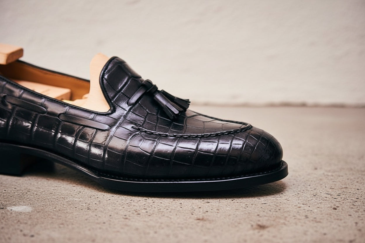 Handmade Men leather Tassels shoes moccasins, crocodile patterned shoes - detail-view-showing-texture