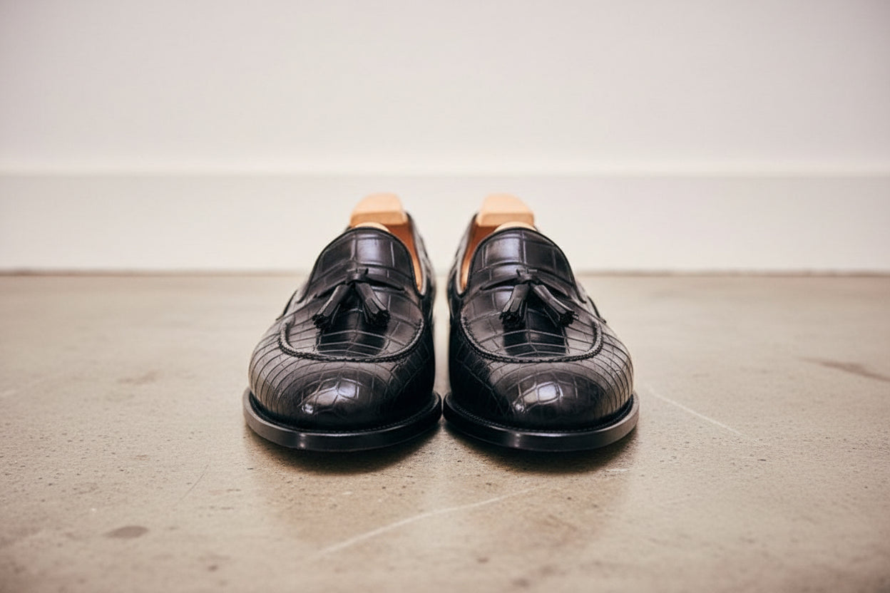 Handmade Men leather Tassels shoes moccasins, crocodile patterned shoes - front-view