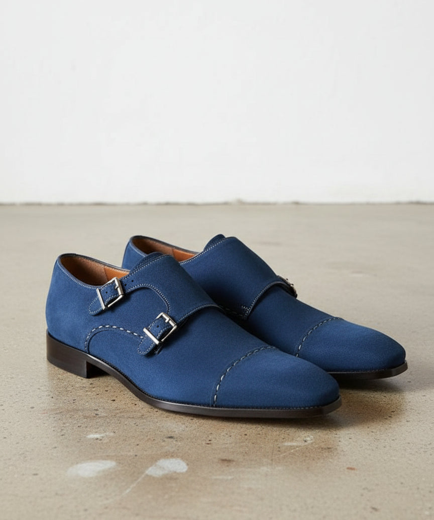 Handmade Men Monk Strap Shoes, Suede Shoes, Royal Blue Shoes, Formal Shoes - angle-view-showing-depth