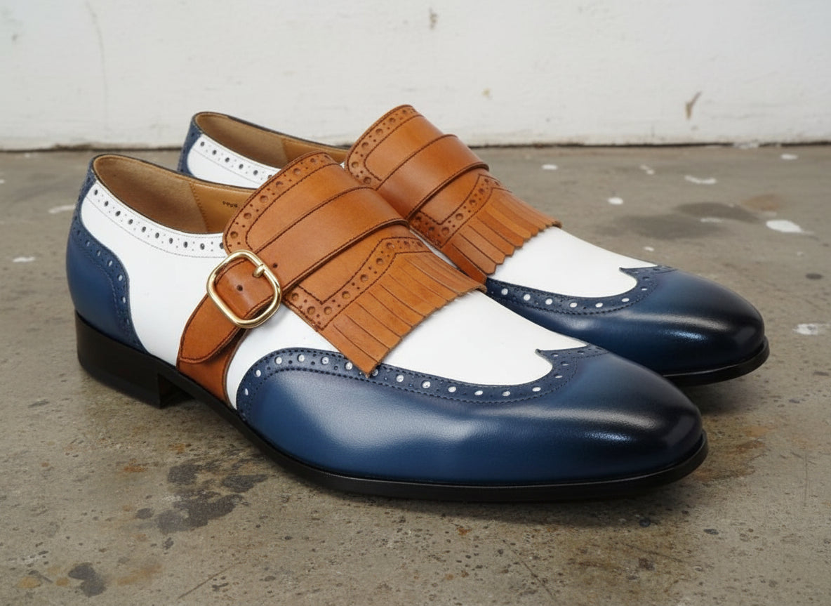 Handmade Men Multi Color Fringes Monk Shoes, Tri Color Formal Shoes US 7.5 / D - Standard Handmade Men Multi Color Fringes Monk Shoes, Tri Color Formal Shoes US 7.5 / D - Standard