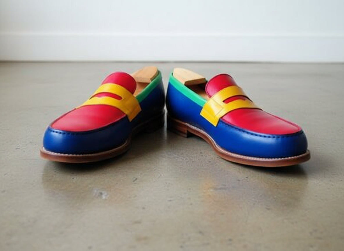 Handmade Men Multi Color Leather Dress Shoes, Slip on Loafer Shoes - angle-view-showing-depth