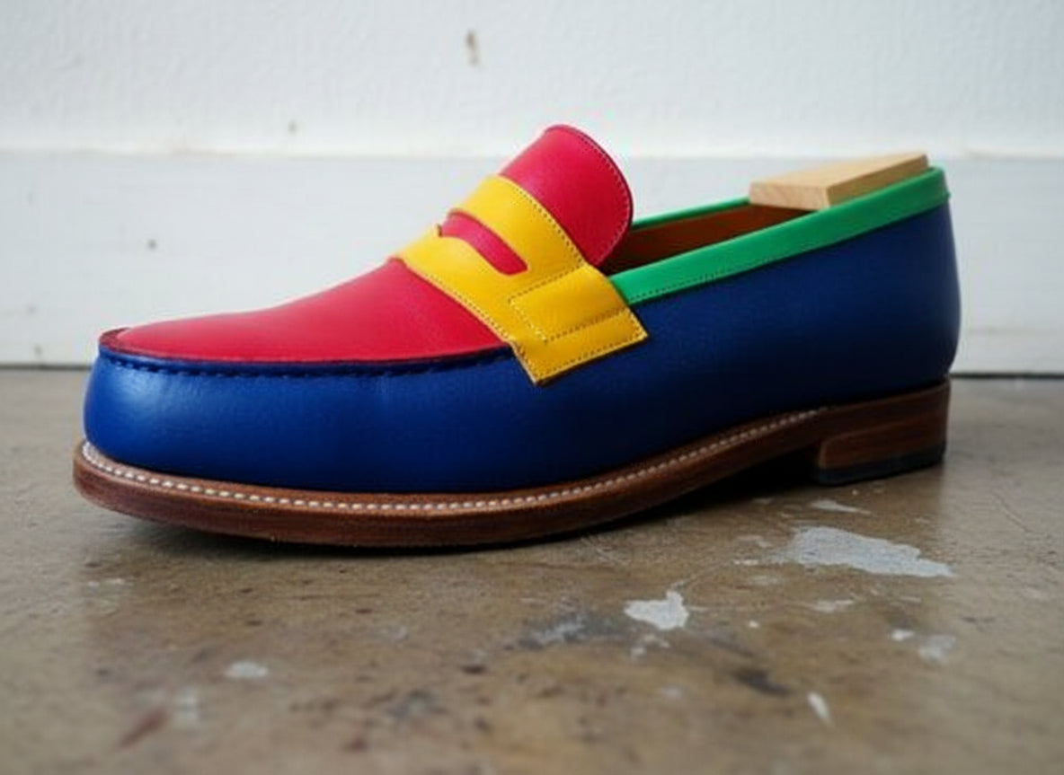 Handmade Men Multi Color Leather Dress Shoes, Slip on Loafer Shoes - detail-view-showing-texture