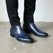 Handmade Men Navy Blue Ankle Chelsea Boots, Dress Formal Business Boots - angle-view-showing-depth