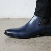 Handmade Men Navy Blue Ankle Chelsea Boots, Dress Formal Business Boots - detail-view-showing-texture