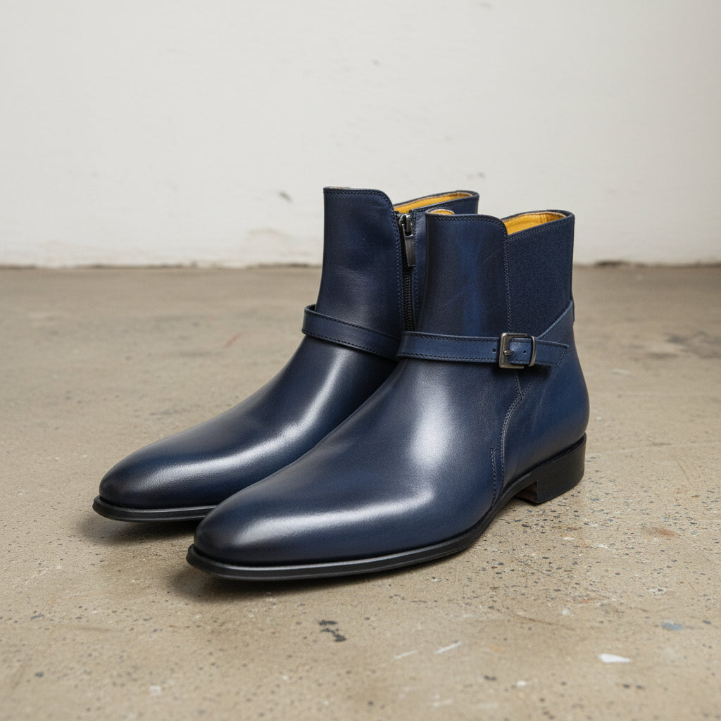 Handmade Men Navy blue Jodhpurs ankle boots, Men Blue zip ankle boots - 3-4-right-view