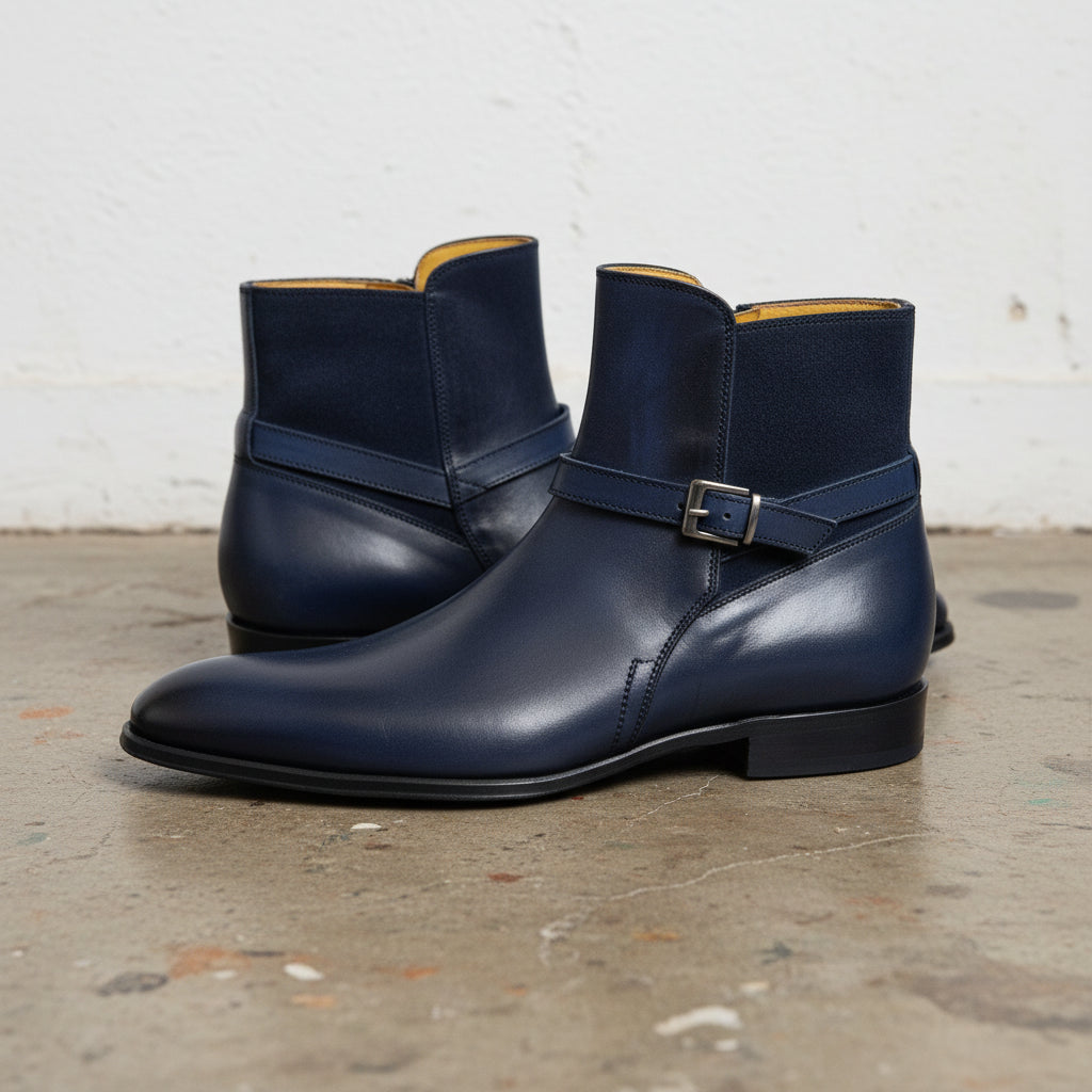 Handmade Men Navy blue Jodhpurs ankle boots, Men Blue zip ankle boots - detail-view-showing-texture