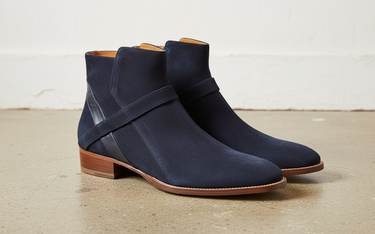 Handmade Men Navy Blue Jodhpurs Boot, Side Zipper Ankle Boot, Mens Boot - angle-view-showing-depth
