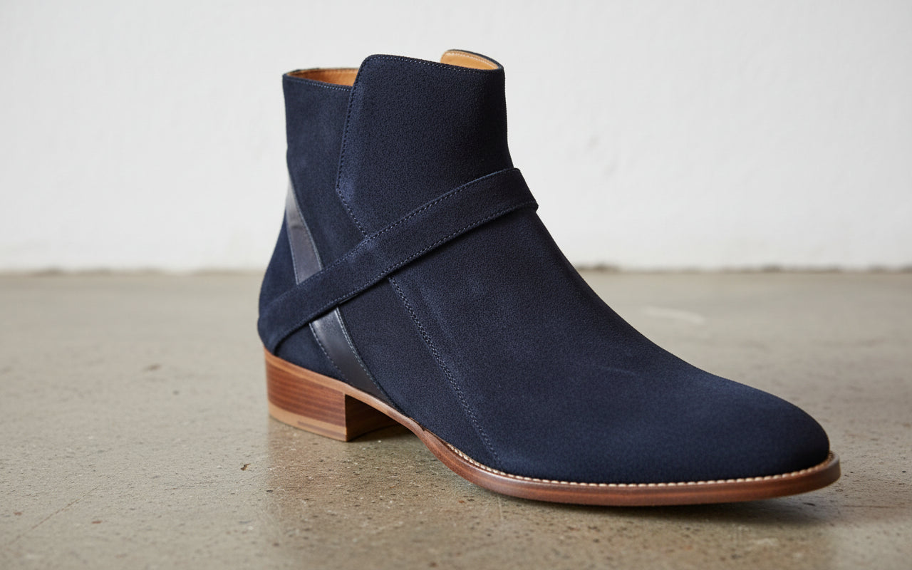 Handmade Men Navy Blue Jodhpurs Boot, Side Zipper Ankle Boot, Mens Boot - detail-view-showing-texture