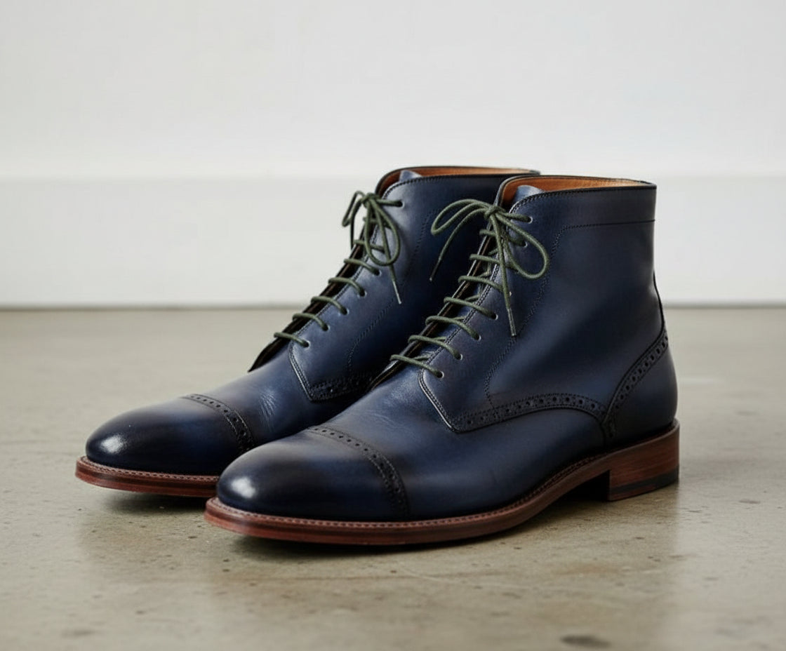 Handmade Men Navy blue Lace up Leather ankle boots, Blue leather dress boot Rebels Market Handmade Men Navy blue Lace up Leather ankle boots, Blue leather dress boot Rebels Market