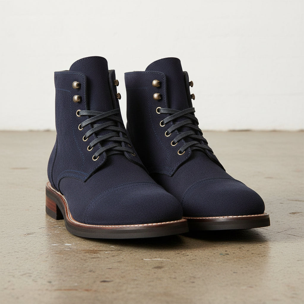Handmade Men Navy Blue Suede Ankle Boots, Mens Fashion Lace Up Boots - front-view