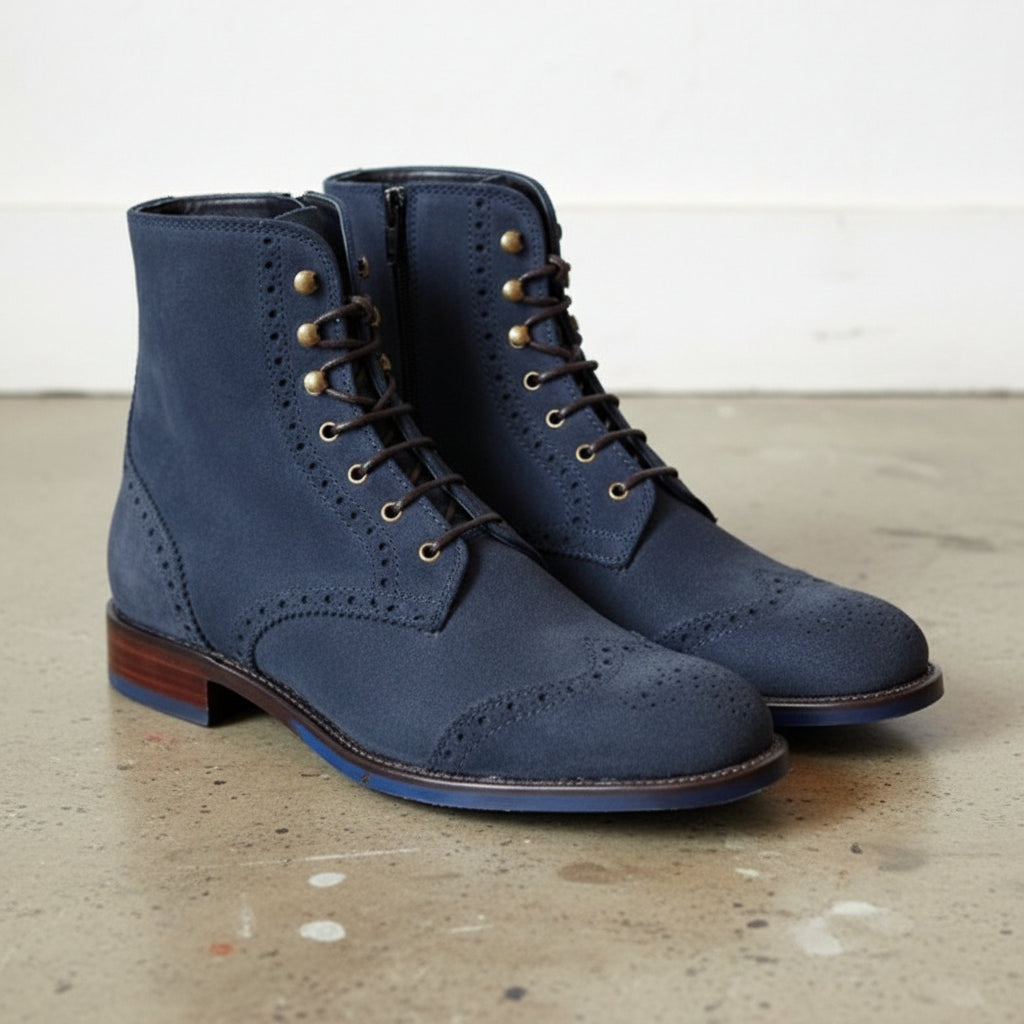 Handmade Men Navy blue Suede ankle zipper boots, ankle high boot - angle-view-showing-depth