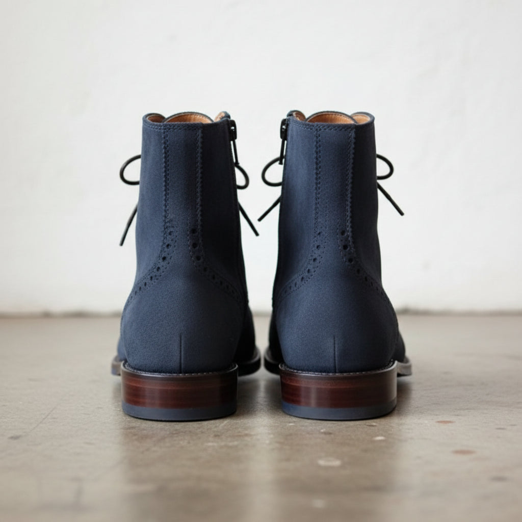 Handmade Men Navy blue Suede ankle zipper boots, ankle high boot - back-view