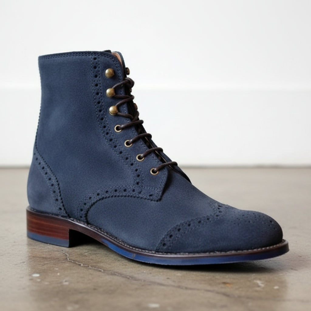 Handmade Men Navy blue Suede ankle zipper boots, ankle high boot - detail-view-showing-texture