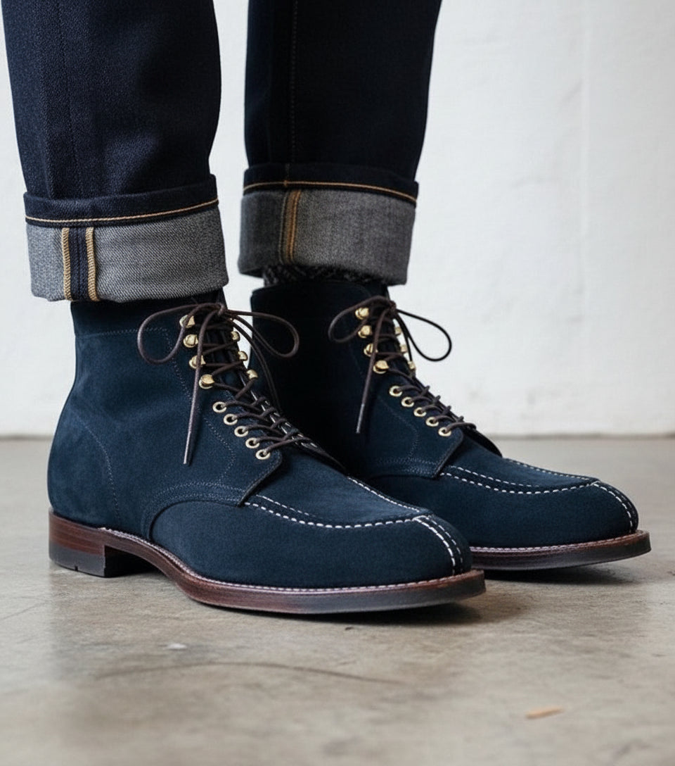 Handmade Men Navy Blue Suede Lace Up Ankle High Boots, Blue Suede Boots - angle-view-showing-depth