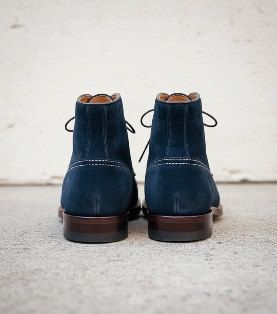 Handmade Men Navy Blue Suede Lace Up Ankle High Boots, Blue Suede Boots - back-view
