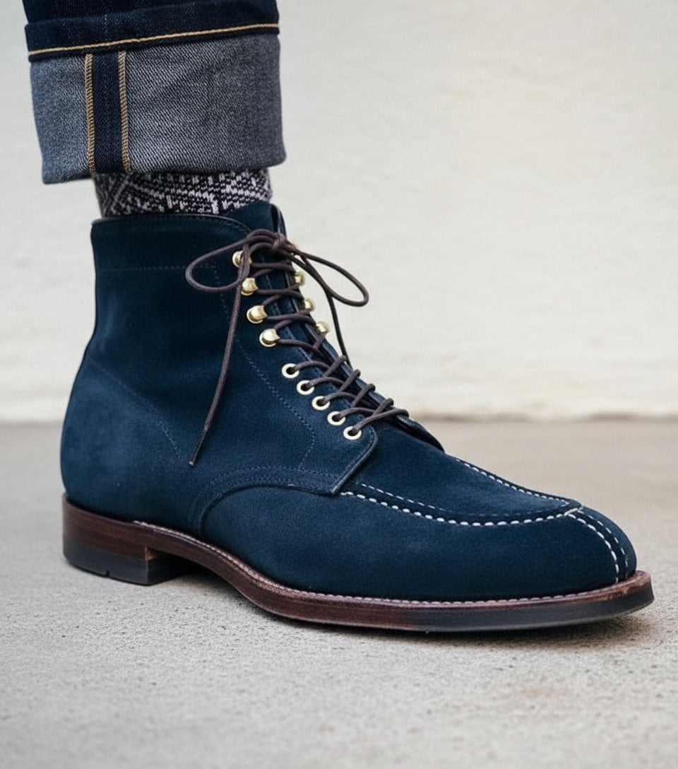 Handmade Men Navy Blue Suede Lace Up Ankle High Boots, Blue Suede Boots - detail-view-showing-texture