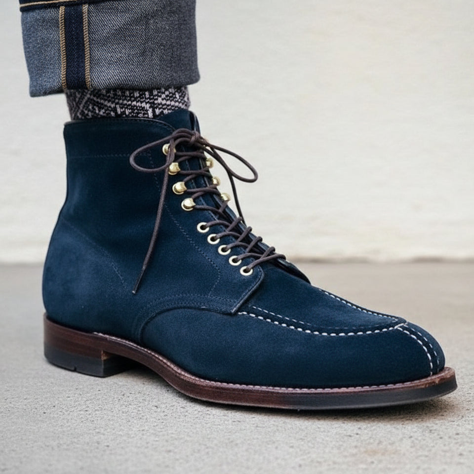 Handmade Men Navy Blue Suede Lace Up Ankle High Boots, Blue Suede Boots - detail-view-showing-texture