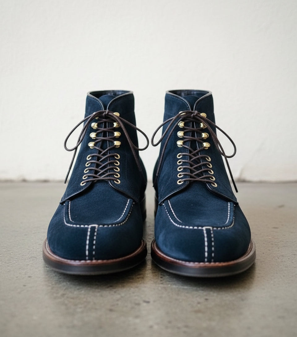 Handmade Men Navy Blue Suede Lace Up Ankle High Boots, Blue Suede Boots - front-view