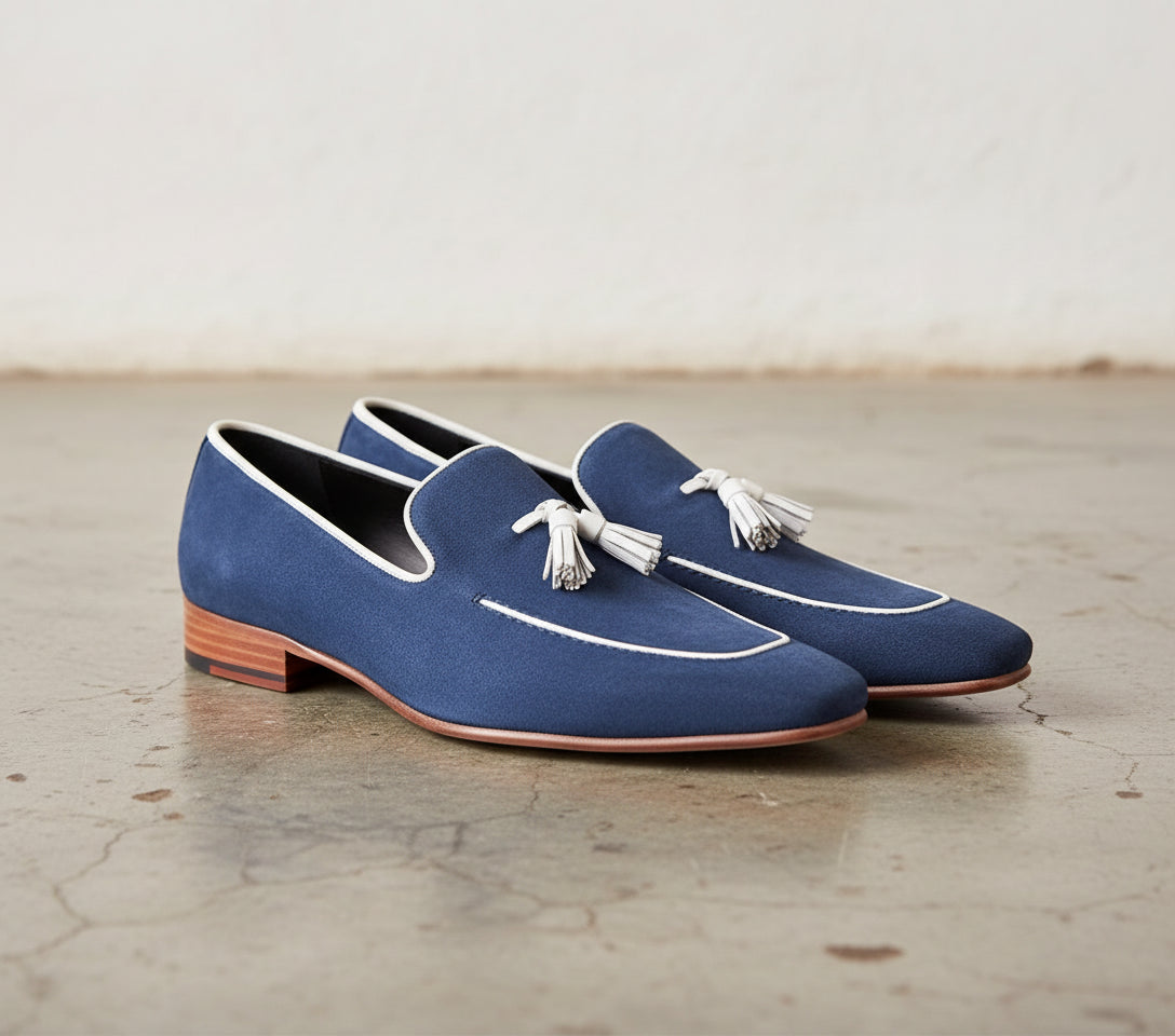 Handmade Men Navy Blue Suede Leather Tassels Moccasins Shoes Loafer Silpons - 3-4-right-view