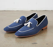 Handmade Men Navy Blue Suede Leather Tassels Moccasins Shoes Loafer Silpons - angle-view-showing-depth