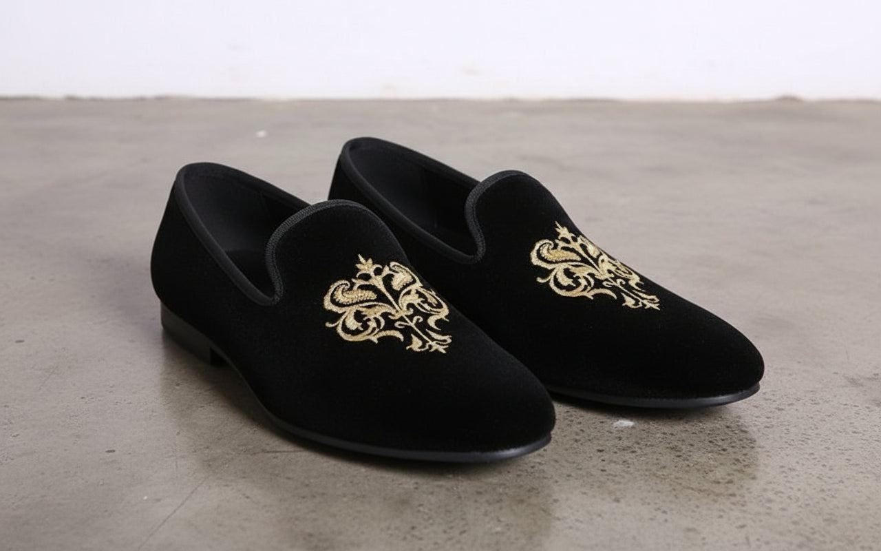 Handmade Men Party Velvet Embroidered Loafer Shoes,'s Black Velvet Shoes - angle-view-showing-depth