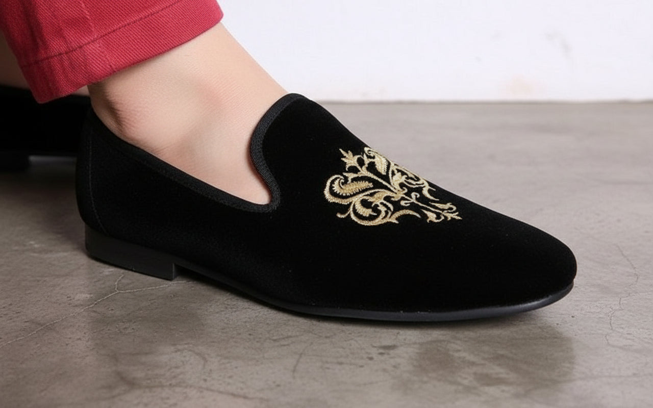 Handmade Men Party Velvet Embroidered Loafer Shoes,'s Black Velvet Shoes - detail-view-showing-texture