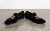 Handmade Men Party Velvet Embroidered Loafer Shoes,'s Black Velvet Shoes - front-view