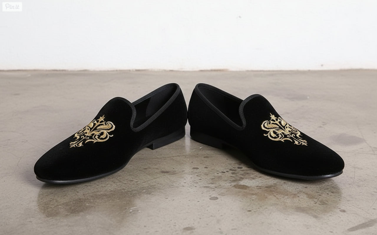 Handmade Men Party Velvet Embroidered Loafer Shoes,'s Black Velvet Shoes - front-view