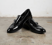 Handmade Men Patent Black Leather Monk Shoes, Office Shoes, Leather Shoes - angle-view-showing-depth