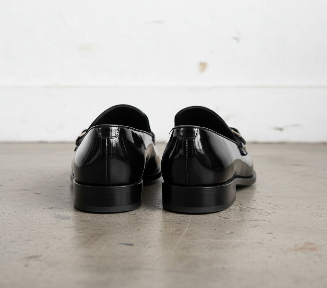 Handmade Men Patent Black Leather Monk Shoes, Office Shoes, Leather Shoes - back-view