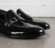 Handmade Men Patent Black Leather Monk Shoes, Office Shoes, Leather Shoes - detail-view-showing-texture